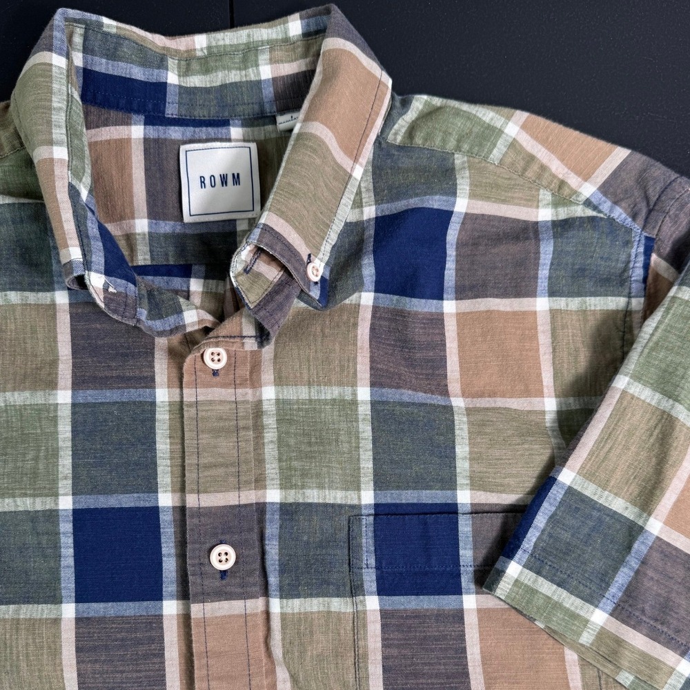 ROWM Mens‎ Large Short Sleeve Plaid Button Down Shirt Cotton Blend